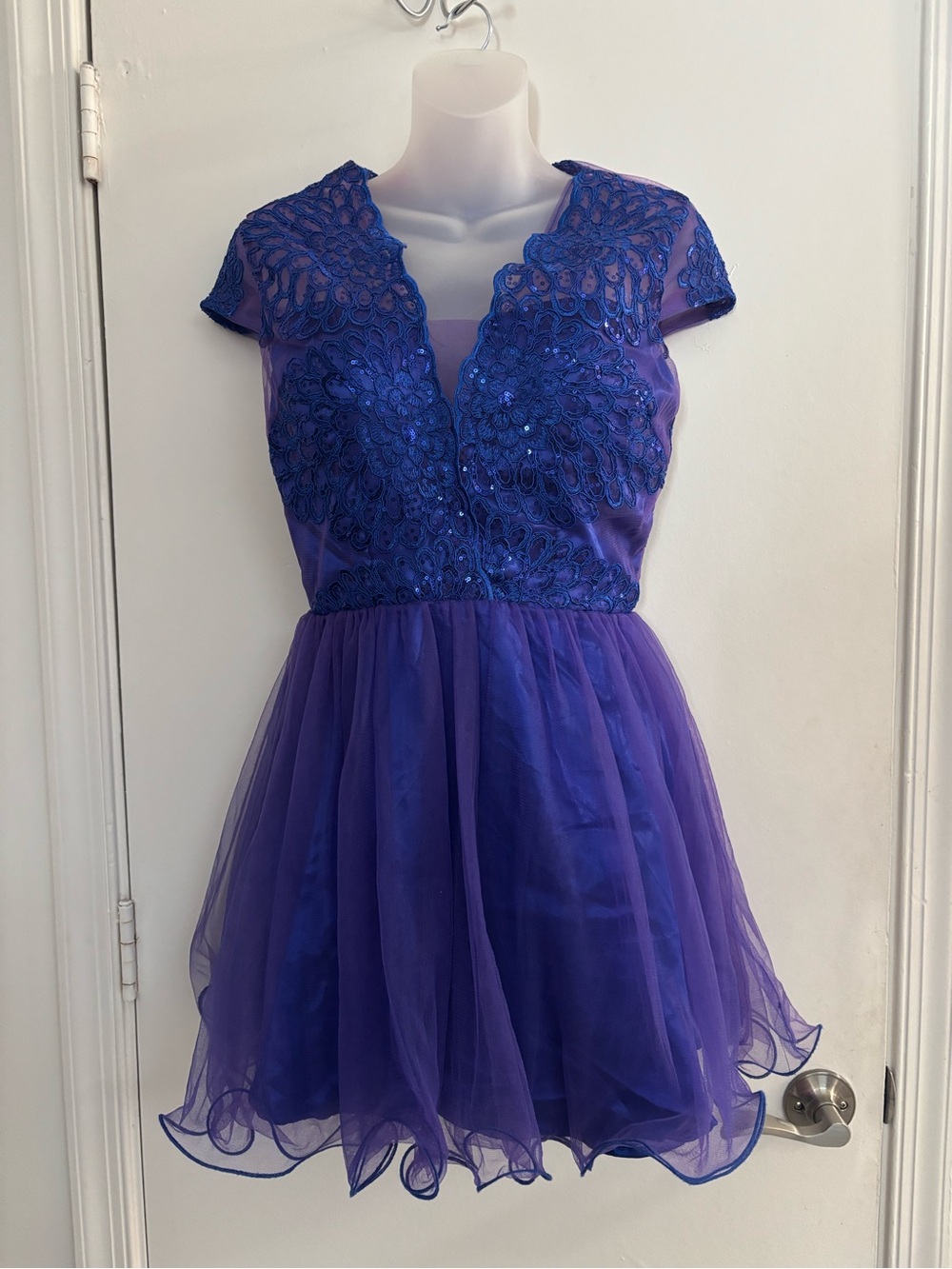 Juniors Royal blue and Purple Embroidered Tulle Party Dress